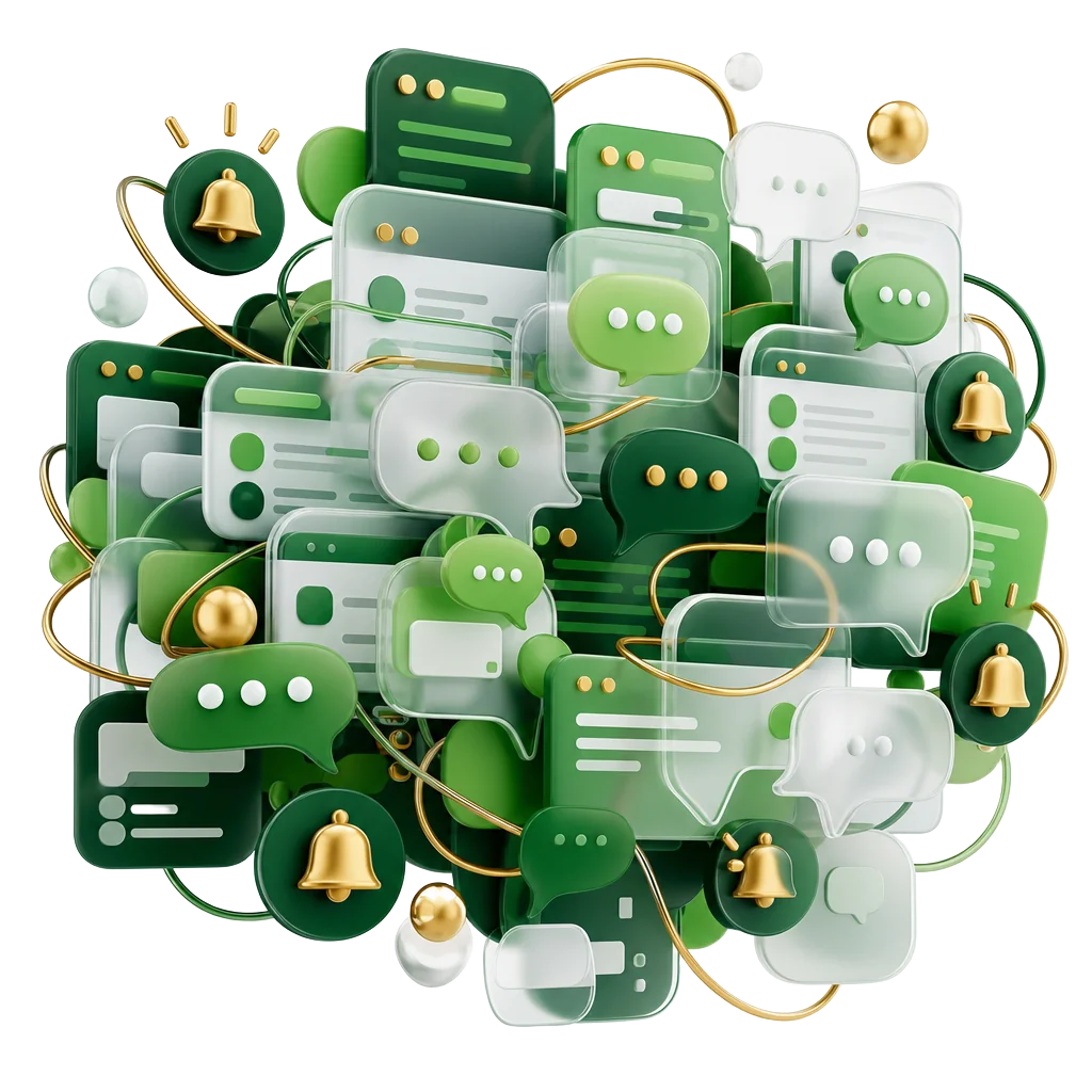 Abstract 3D cluster of app windows, notifications and chat bubbles