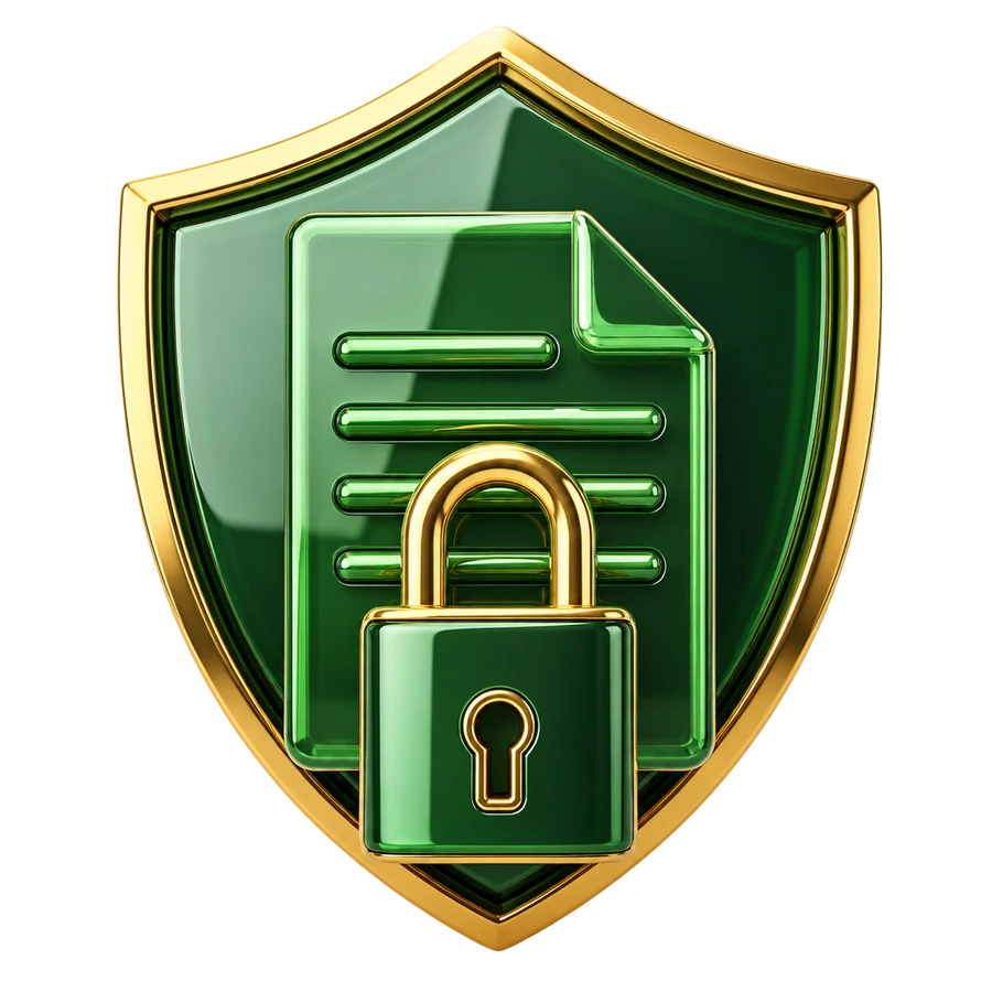 3D illustration of a padlock and document on a shield